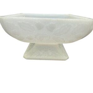Vintage White Milk Glass Compote With Embossed Leaf Pattern Square Pedestal Base